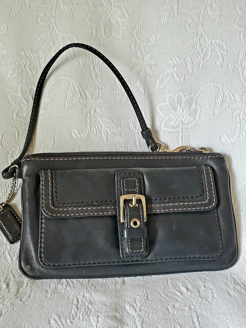 Coach Black Leather Wristlet Clutch with Buckle Detail
